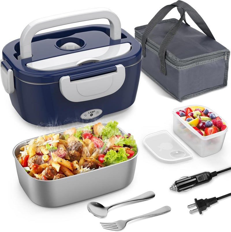 Vingud Electric Lunch Box Food Heater, 3 in 1 Heating Lunch Box for Work/Car/Truck, Heated Lunch Boxes for Adults with 1.5L Stainless Steel Container, 12V 24V 110V (Blue + White) - Image 1